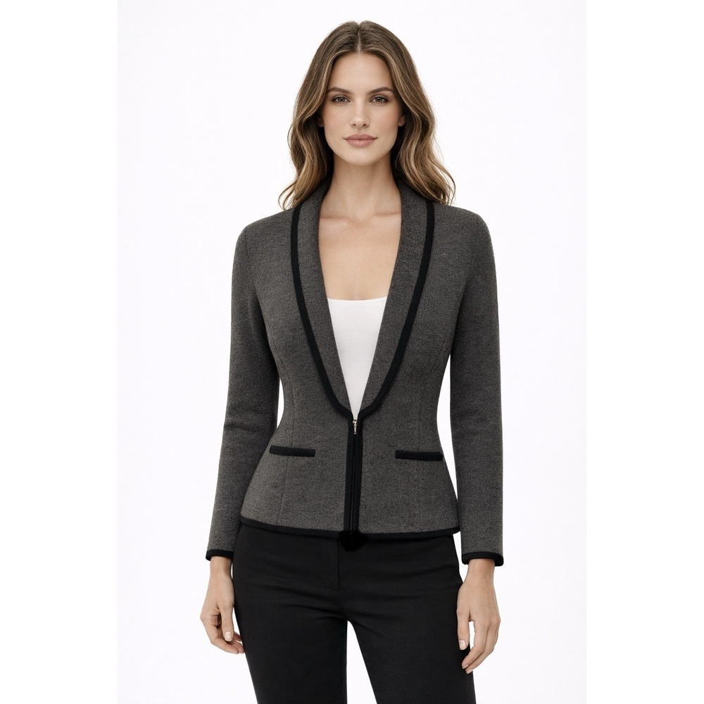 NWT Ann Taylor Women‎ Blazer M Petite Knit Gray Black Trim Wool Blend Shawl